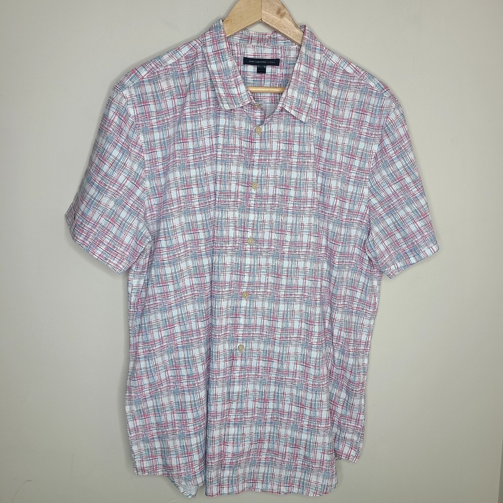 John Varvatos USA Short Sleeve Button Down Shirt Size XL Red Blue Plaid Abstract